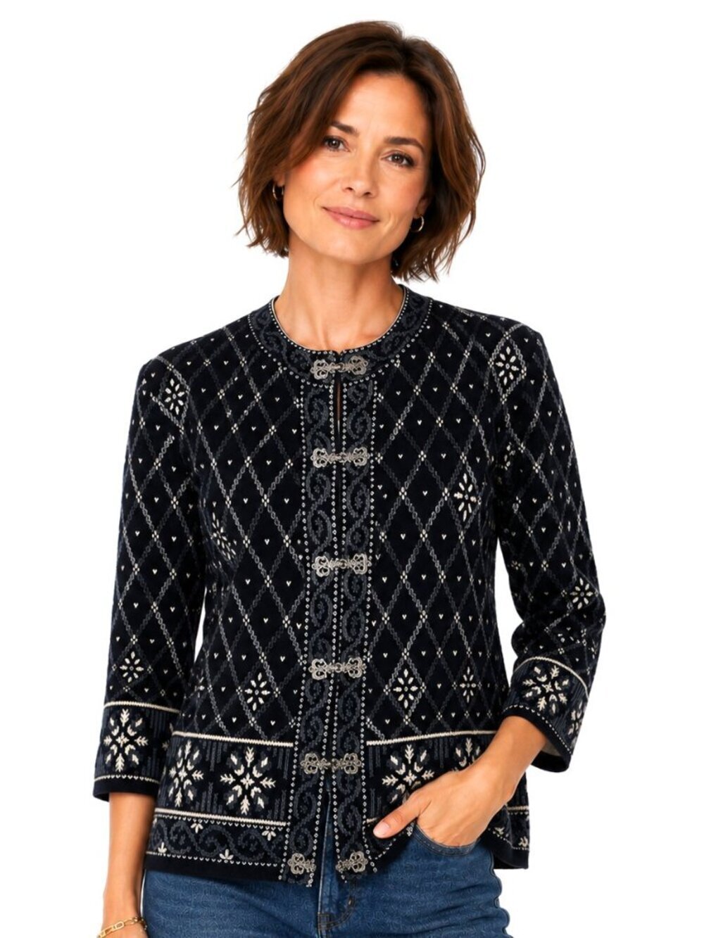 Talbots Petites Pure Cotton Snowflake Print Knit Cardigan